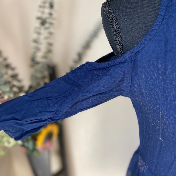 4/$20 Sassafras Navy Dandelion Cold Shoulder Full Button Up Dress S - Picture 3 of 11